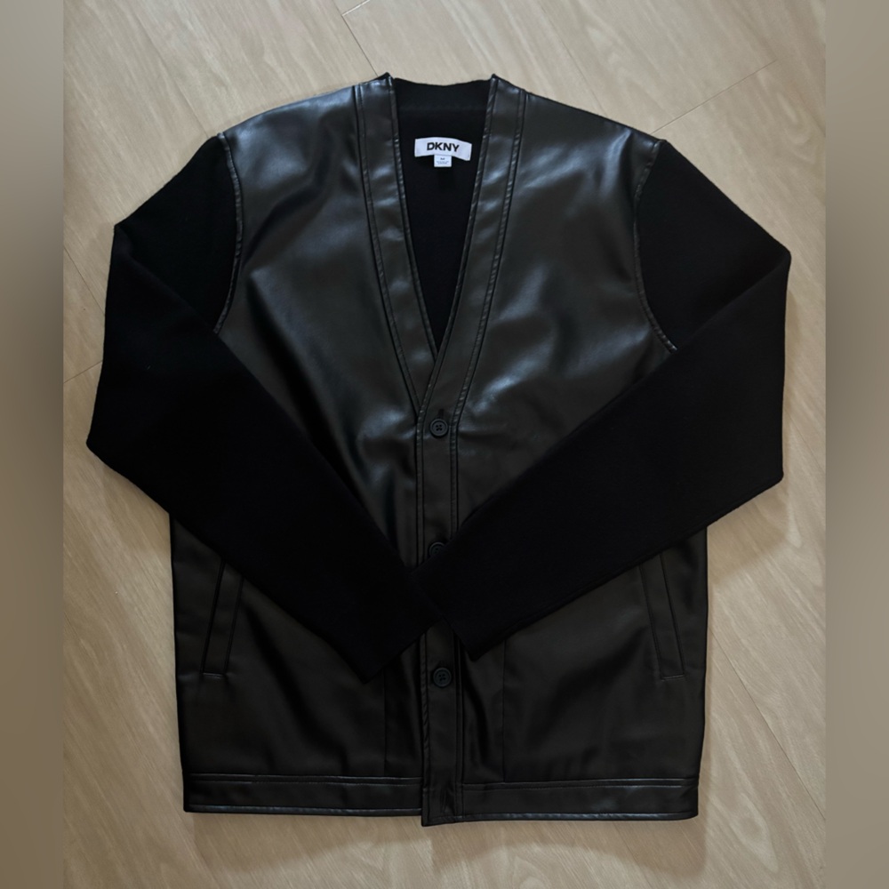 DKNY Black Faux Leather Front Cardigan for Men